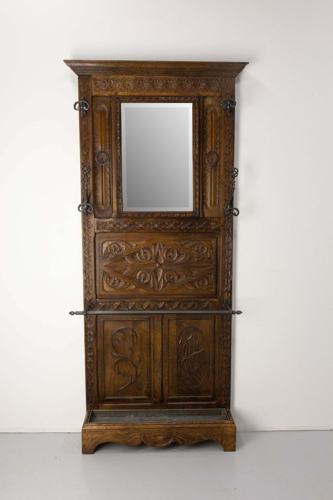 French Coat Hat Rack Chestnut Mirror Wrough Iron & Zinc Stand Gothic St 19th C. photo furniture