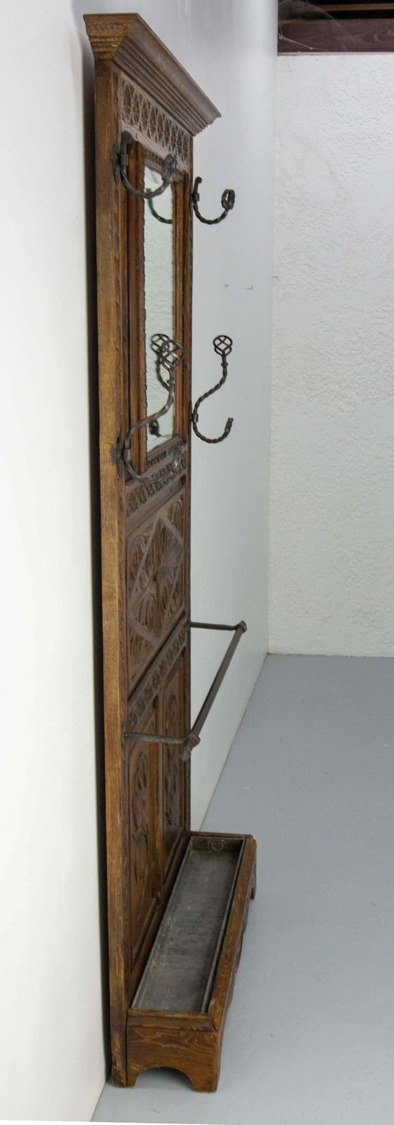 1372.0 French Coat Hat Rack Chestnut Mirror Wrough Iron & Zinc Stand Gothic St 19th C. photo