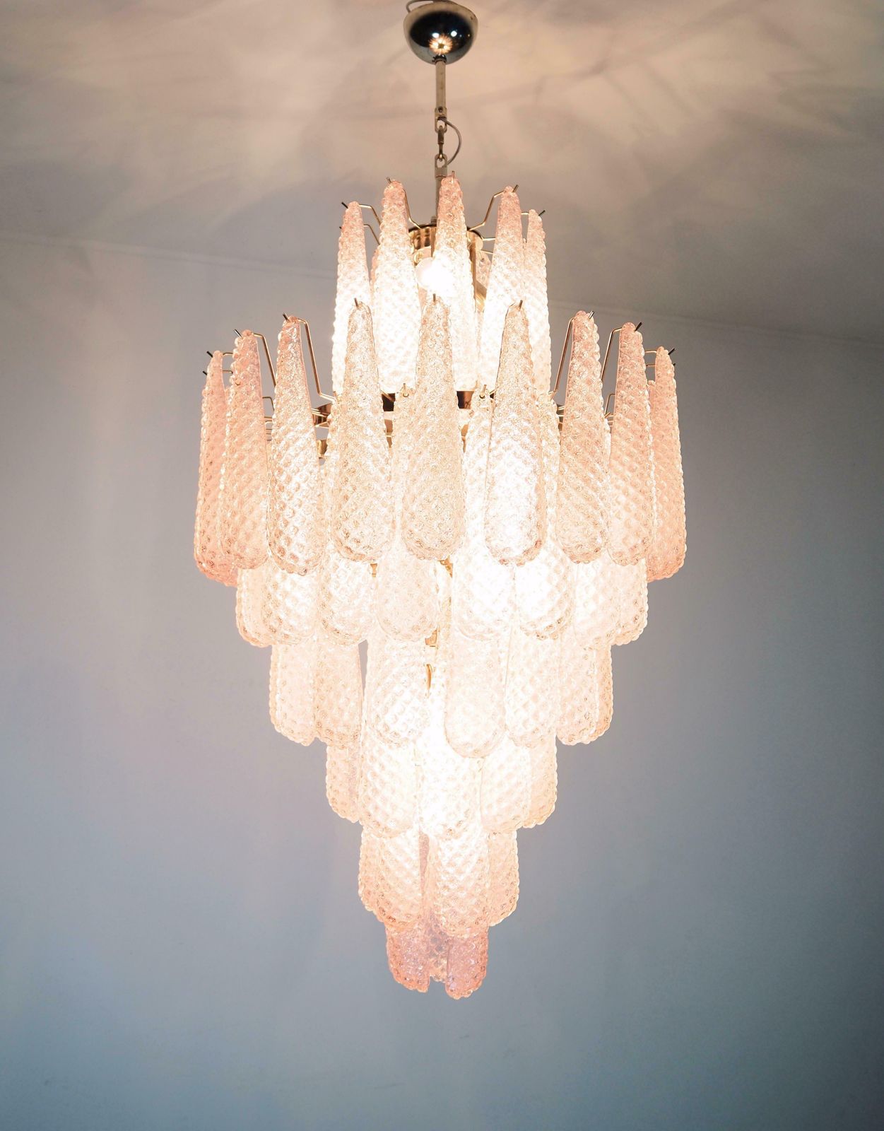 Pair Italian Pink And White Petal Chandeliers, Murano photo furniture