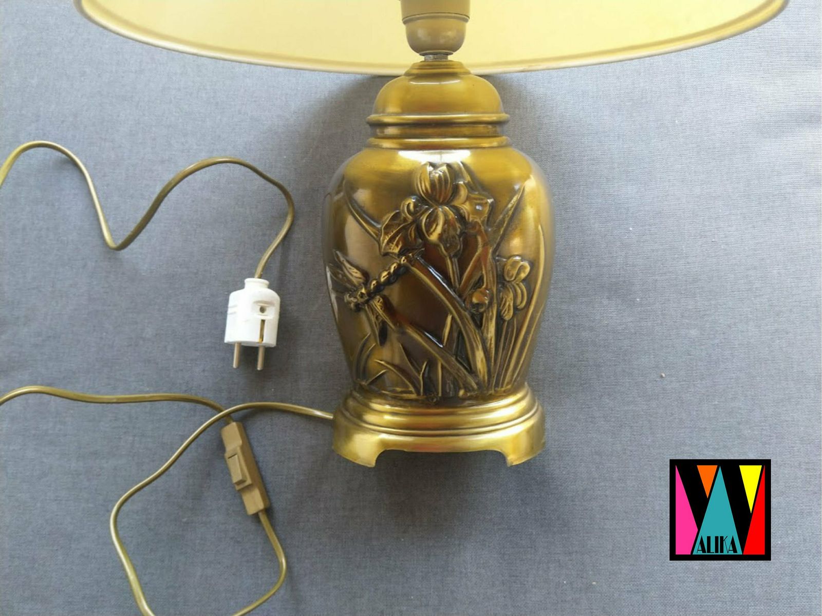 Elegant Vintage Brass Table Lamp With Irish Flowers With Cream Lampshade, Cord, Switch And Plug, Woman Office Decor, Iris Decor, Iris Gift photo buy