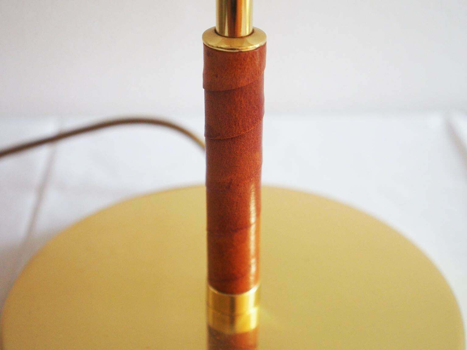 Pair Of Swedish Table Lamps Of Brass With Leather Detail And White Shade photo vinterior