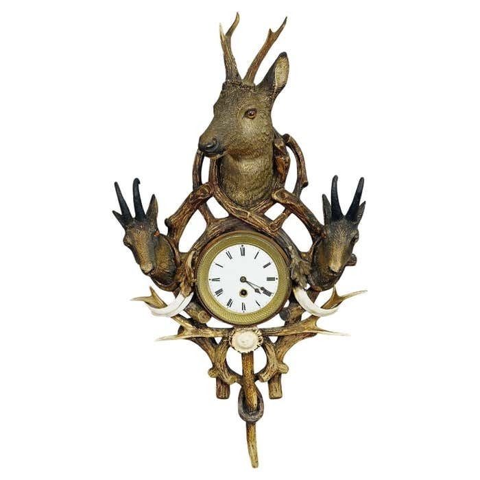 Antique Cabin Antler Wall Clock With Deer And Chamois Austria Ca. 1900