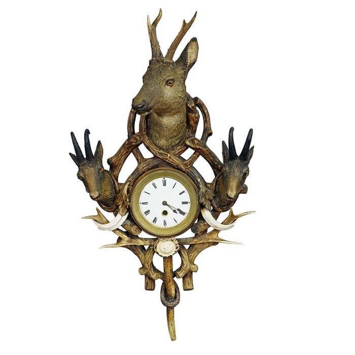 Antique Cabin Antler Wall Clock With Deer And Chamois Austria Ca. 1900 photo Home Decor
