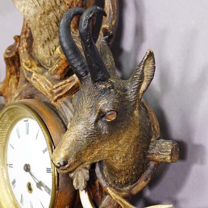 photo for sale Antique Cabin Antler Wall Clock With Deer And Chamois Austria Ca. 1900
