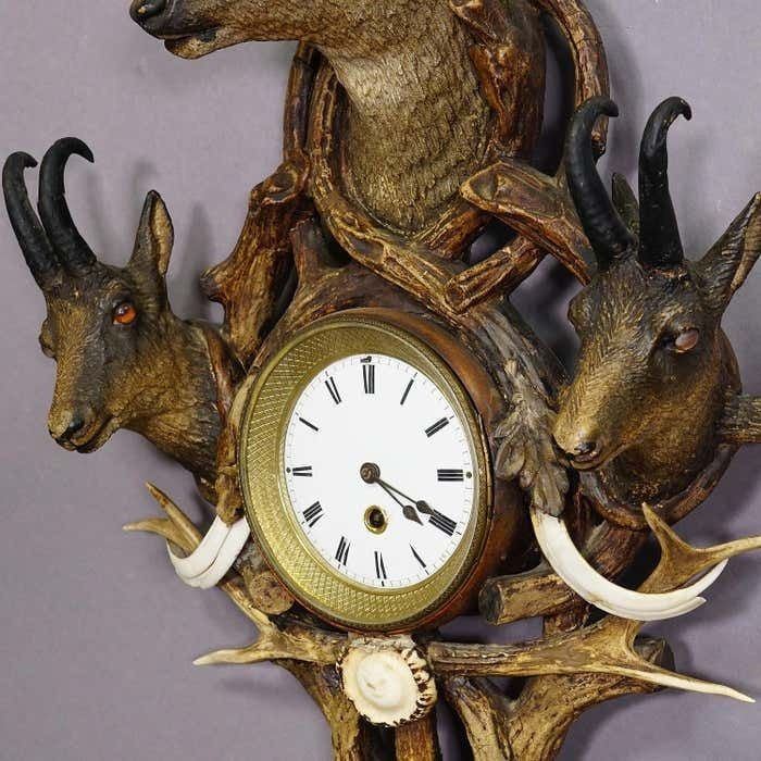Home Decor Antique Cabin Antler Wall Clock With Deer And Chamois Austria Ca. 1900 photo