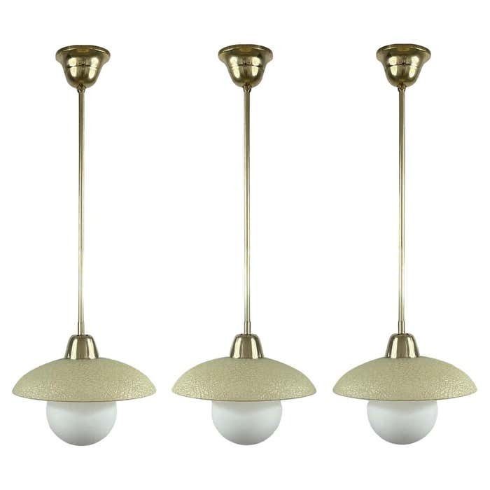 Cream Textured Glass And Brass Pendants, Sweden 1940s To 1950s