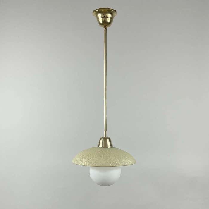 Cream Textured Glass And Brass Pendants, Sweden 1940s To 1950s photo Lighting