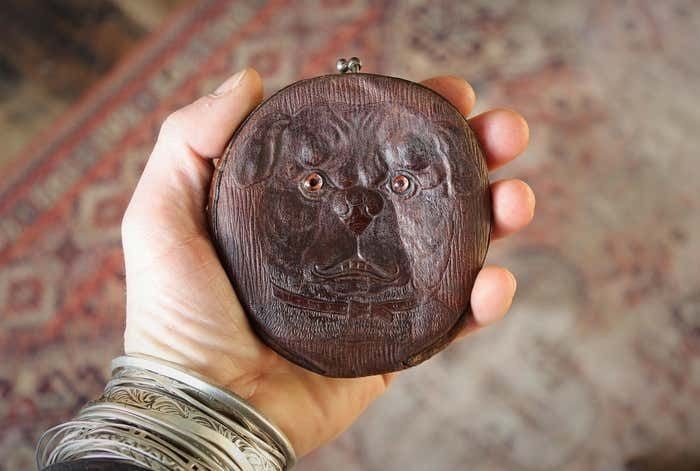 Mid 20th Century Folk Art Pug Bull Dog Leather Coin Purse Bag photo Home Decor