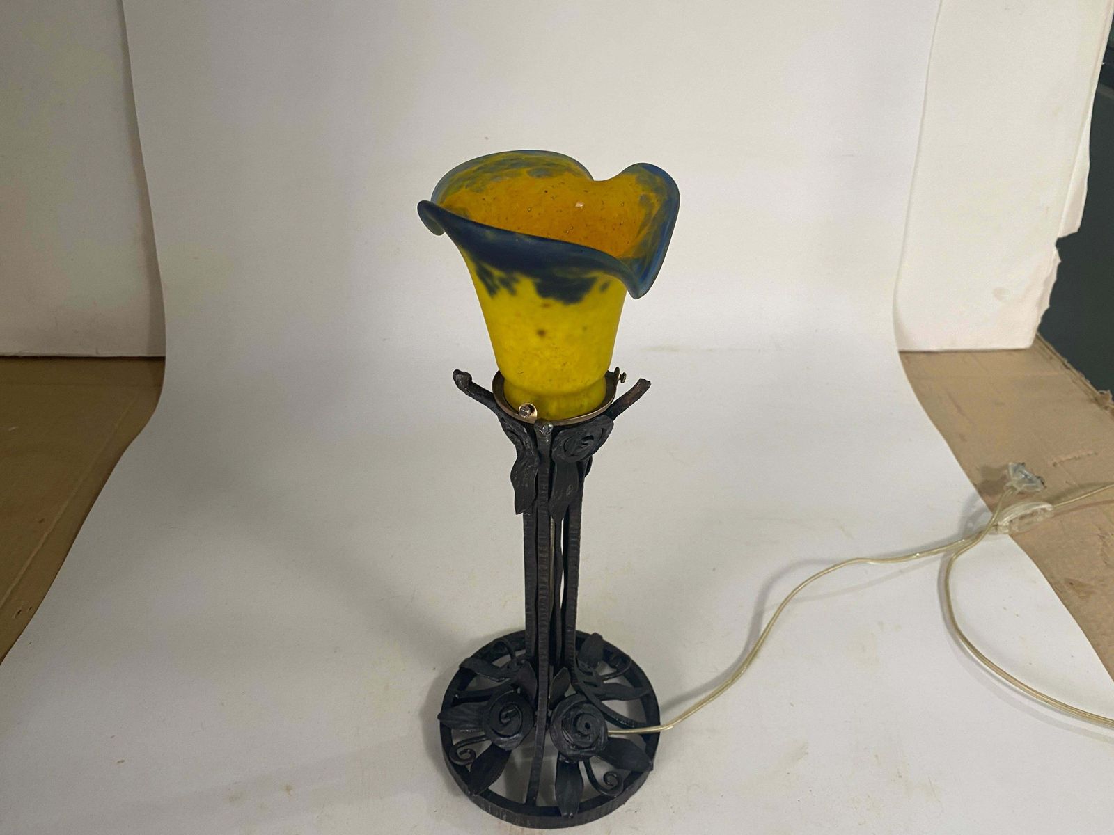 French Art Deco Table Lamp Hammered Iron France Circa 1920 Daum Style Pate Verre photo for sale