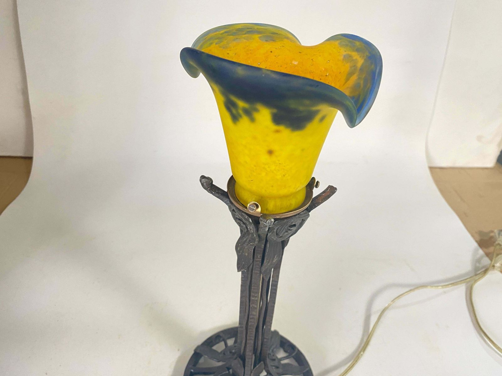 French Art Deco Table Lamp Hammered Iron France Circa 1920 Daum Style Pate Verre photo Lighting
