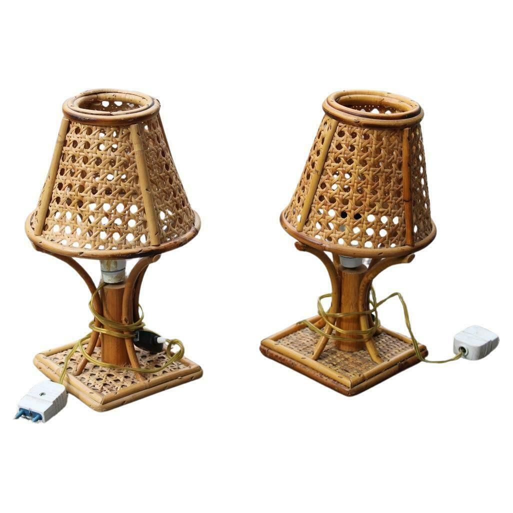 Pair Of Bamboo And Straw Table Lamps Italy 1960s