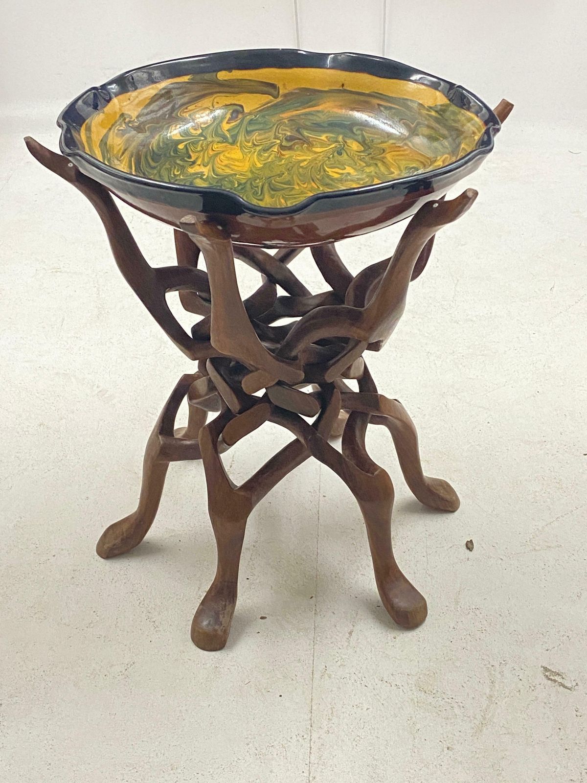 Large Ceramic Vide Poche On A Tripod Base In Wood Sculpted Birds Circa France photo buy