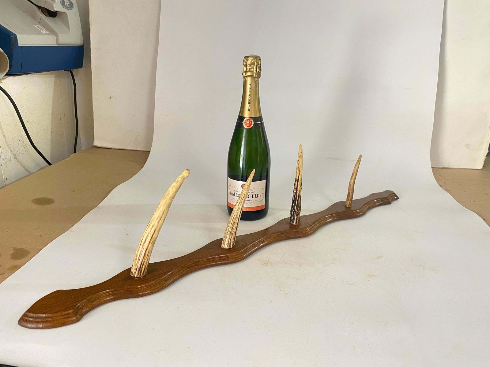 photo furniture Wooden And Horn Coat Rack, 4 Hooks, Brown And White Color, France 1960