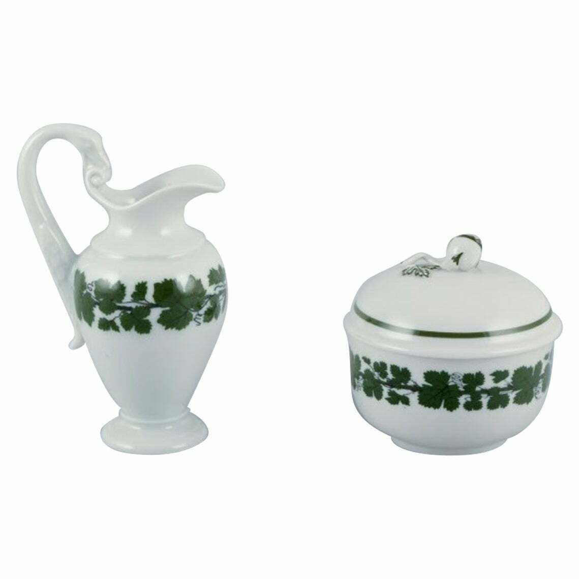 Meissen, Germany, Green Ivy Vine, Sugar Bowl And Creamer In Porcelain.