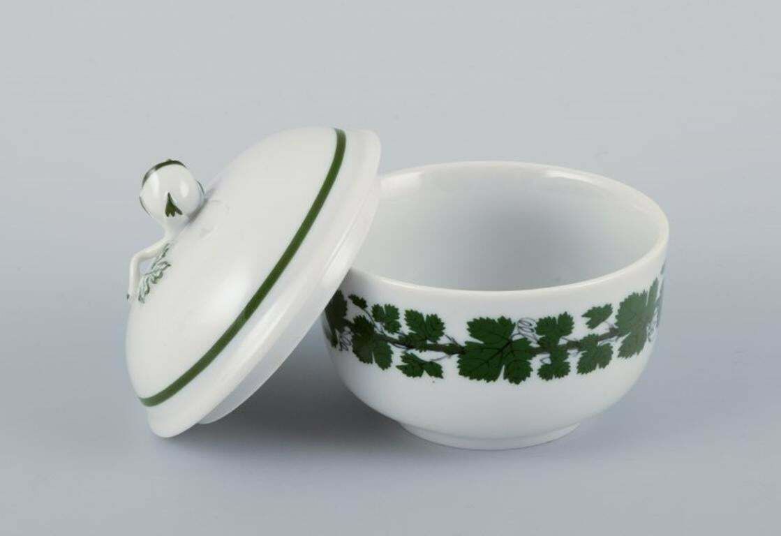 Meissen, Germany, Green Ivy Vine, Sugar Bowl And Creamer In Porcelain. photo for sale