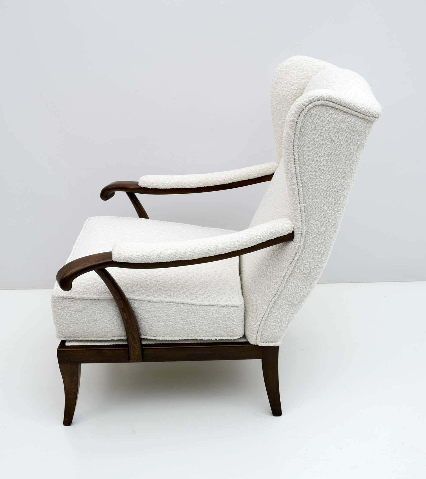 Paolo Buffa Mid Century Modern Italian Walnut And Coating Boucle Armchair, 1950s photo for sale