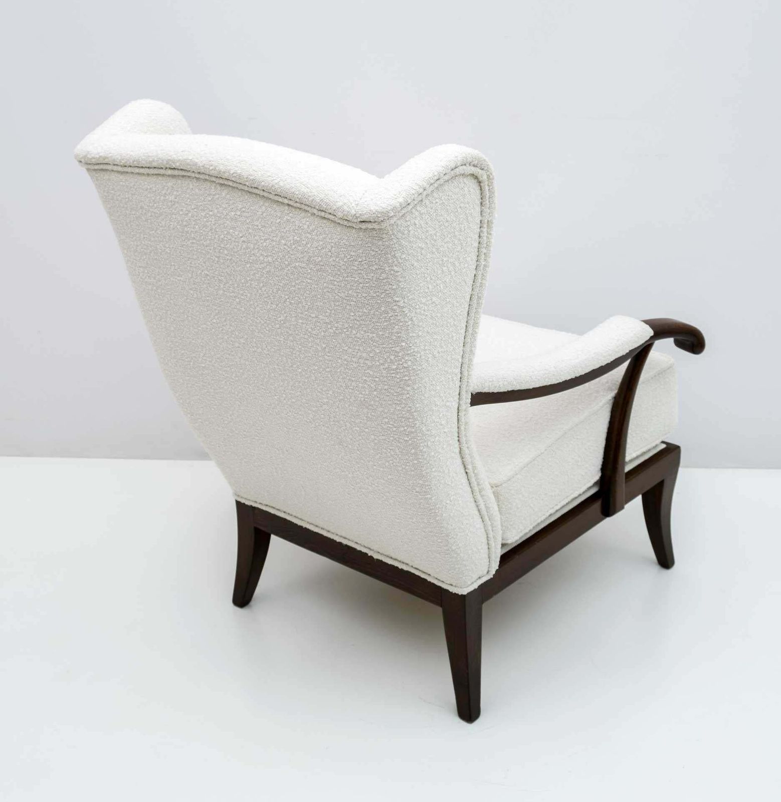 Paolo Buffa Mid Century Modern Italian Walnut And Coating Boucle Armchair, 1950s photo vinterior
