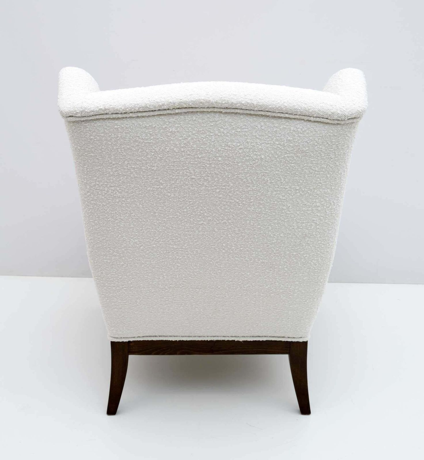 photo for sale Paolo Buffa Mid Century Modern Italian Walnut And Coating Boucle Armchair, 1950s