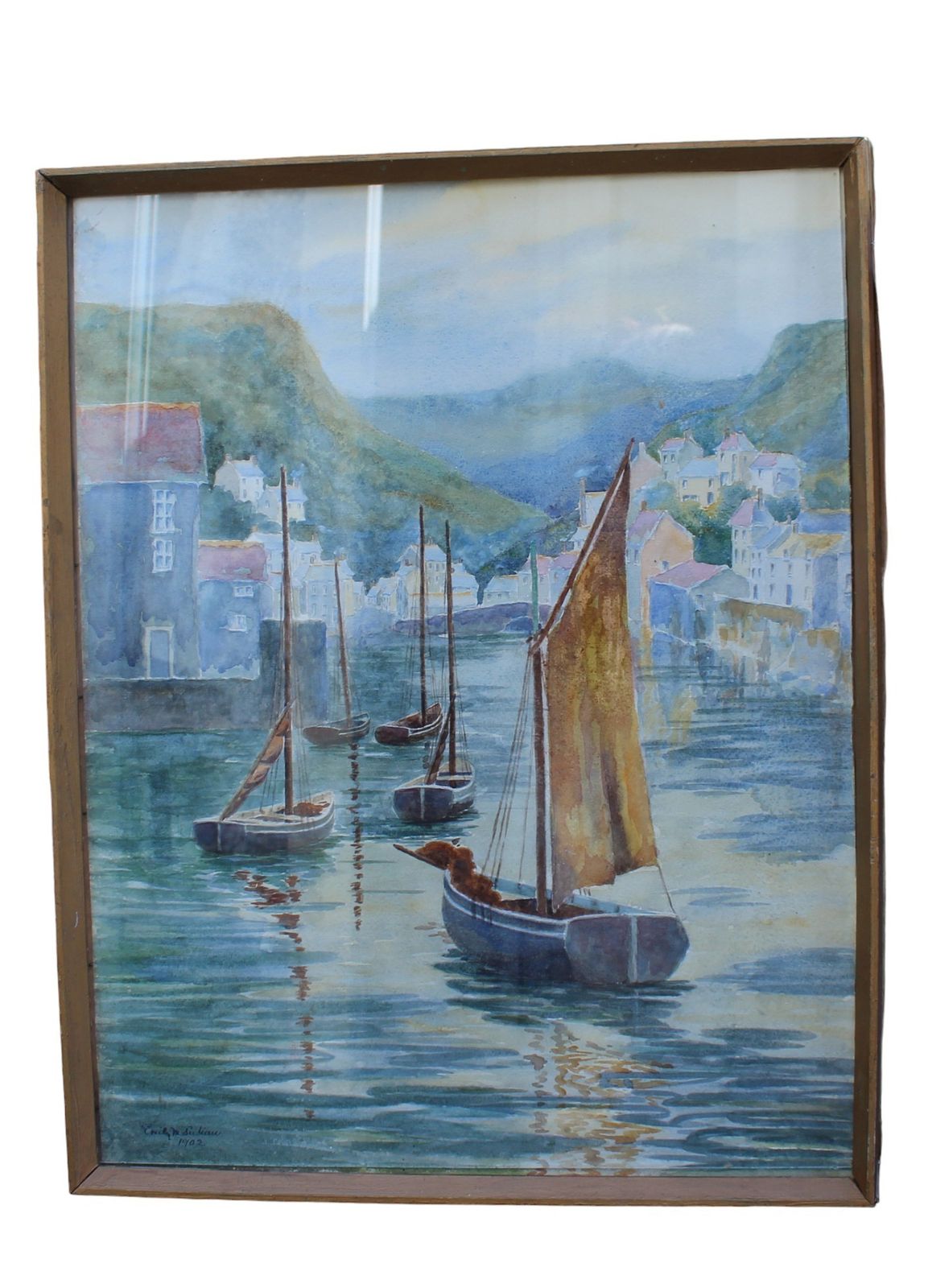 Watercolour Of French Lake With Boats And Cottages 1950s Signed photo vinterior
