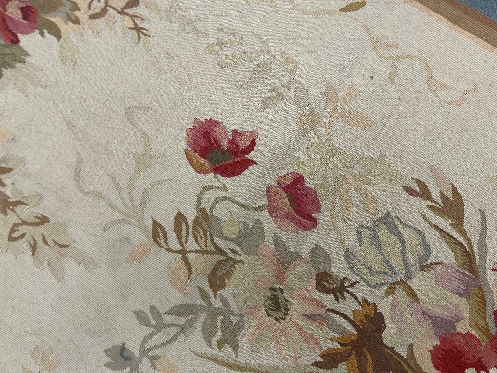 Blue Aubusson Rug Runner Beige Handwoven Carpet Floral Livingroom Rug Home Decor photo vinterior