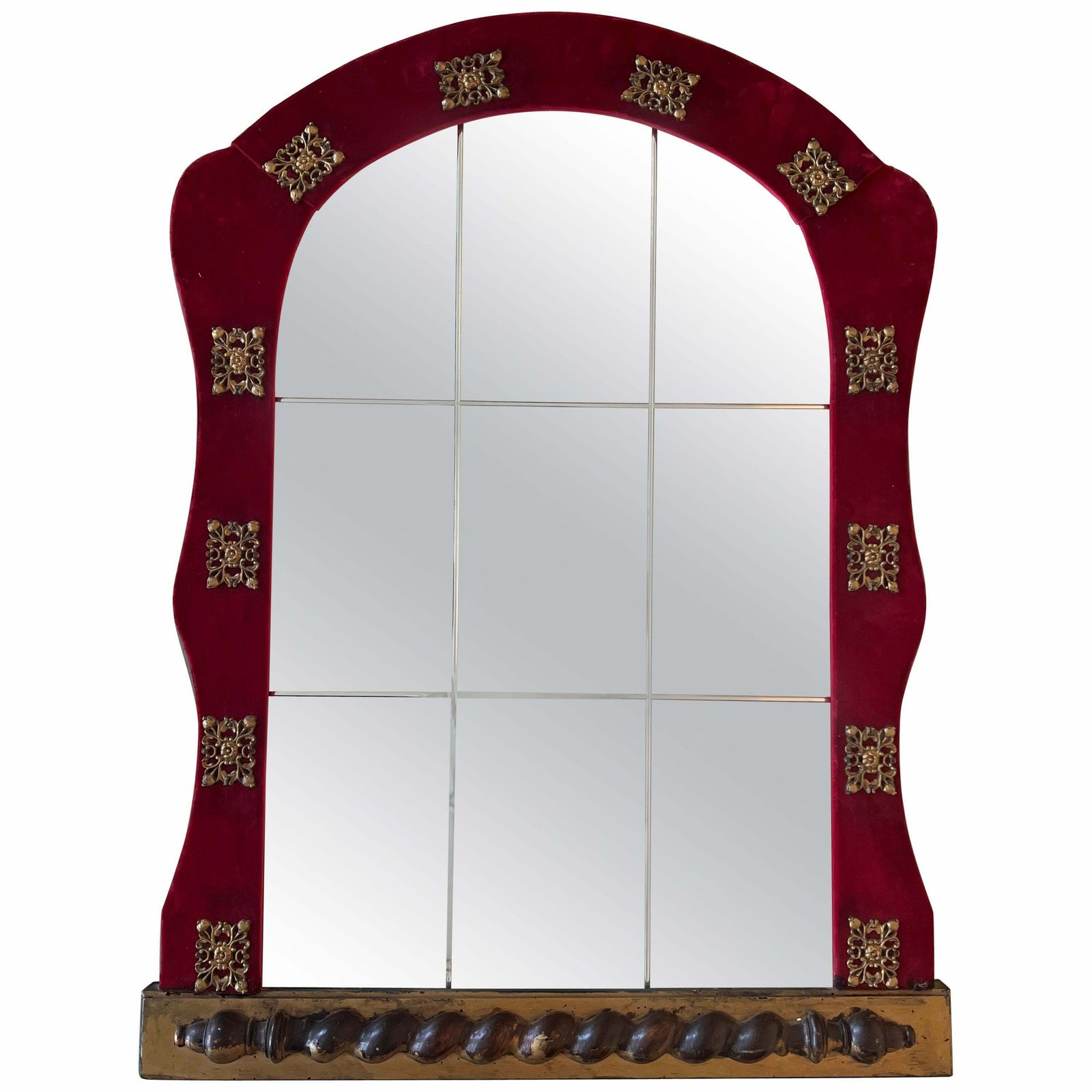 Spanish Neoclassical Wall Mirror With Antique Red Velvet Frame With Bronze