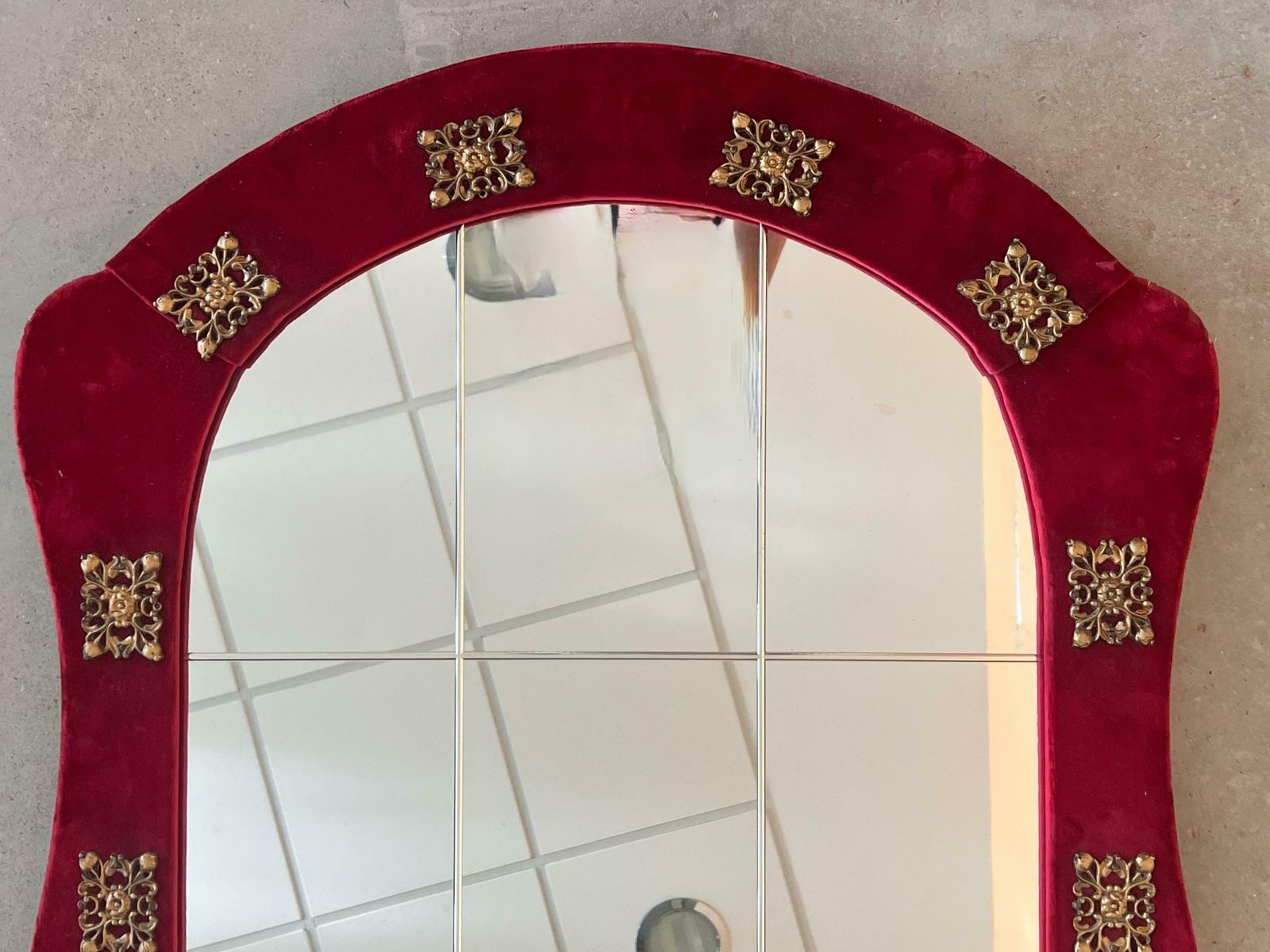 Spanish Neoclassical Wall Mirror With Antique Red Velvet Frame With Bronze photo buy