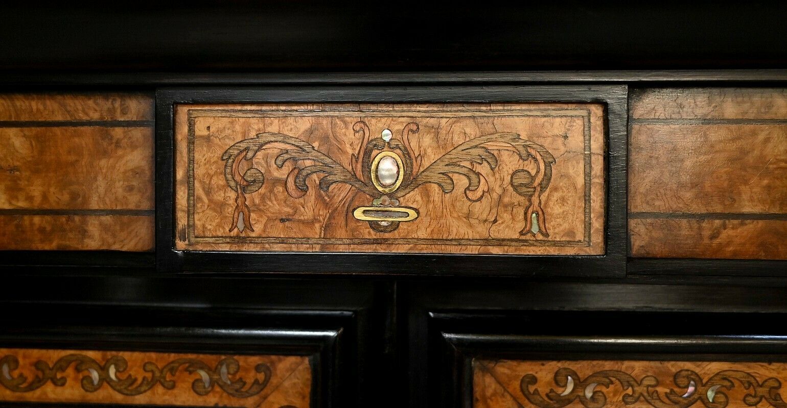 Small Two Body Buffet In Blackened Wood And Thuya Burl, Stamped Gordóvil, Renaissance Taste, Spain   Early 20th Century photo buy