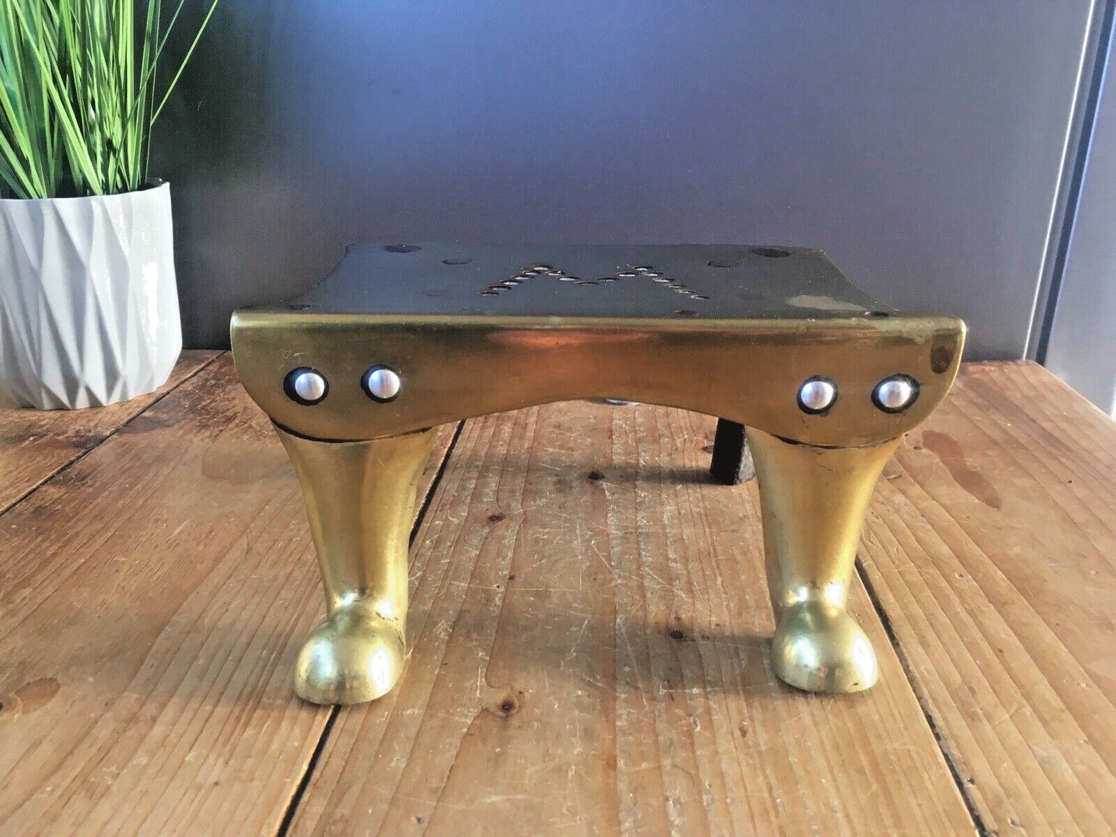 Antique Brass & Wrought Iron Riveted M Monogrammed Footman Trivet Plate Warmer photo furniture