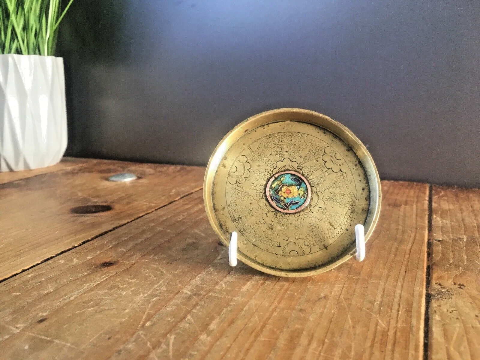 Unusual Antique Chinese Brass Floral Cloisonne Enamelled Centre Trinket Pin Dish photo furniture