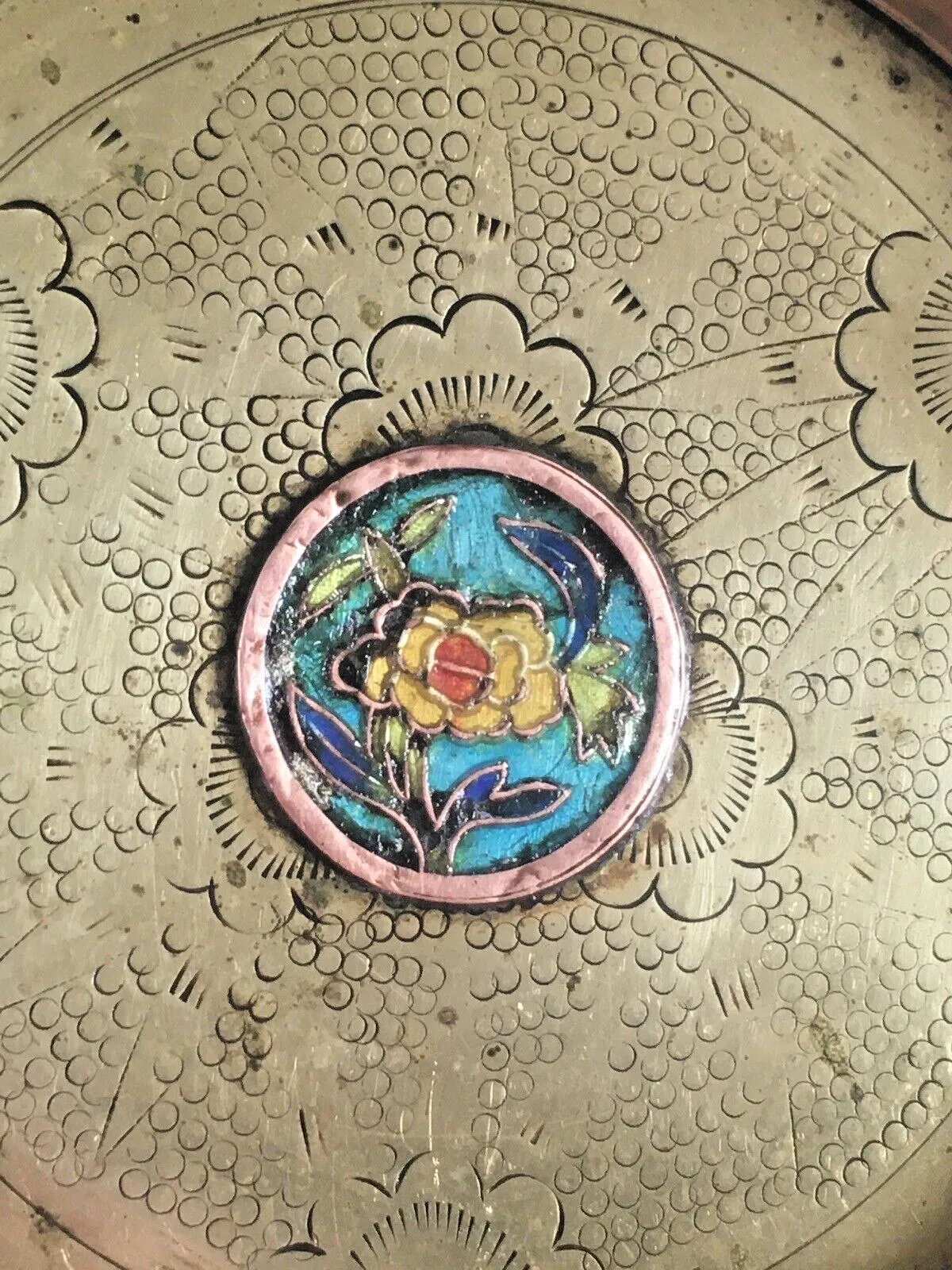 Unusual Antique Chinese Brass Floral Cloisonne Enamelled Centre Trinket Pin Dish photo for sale