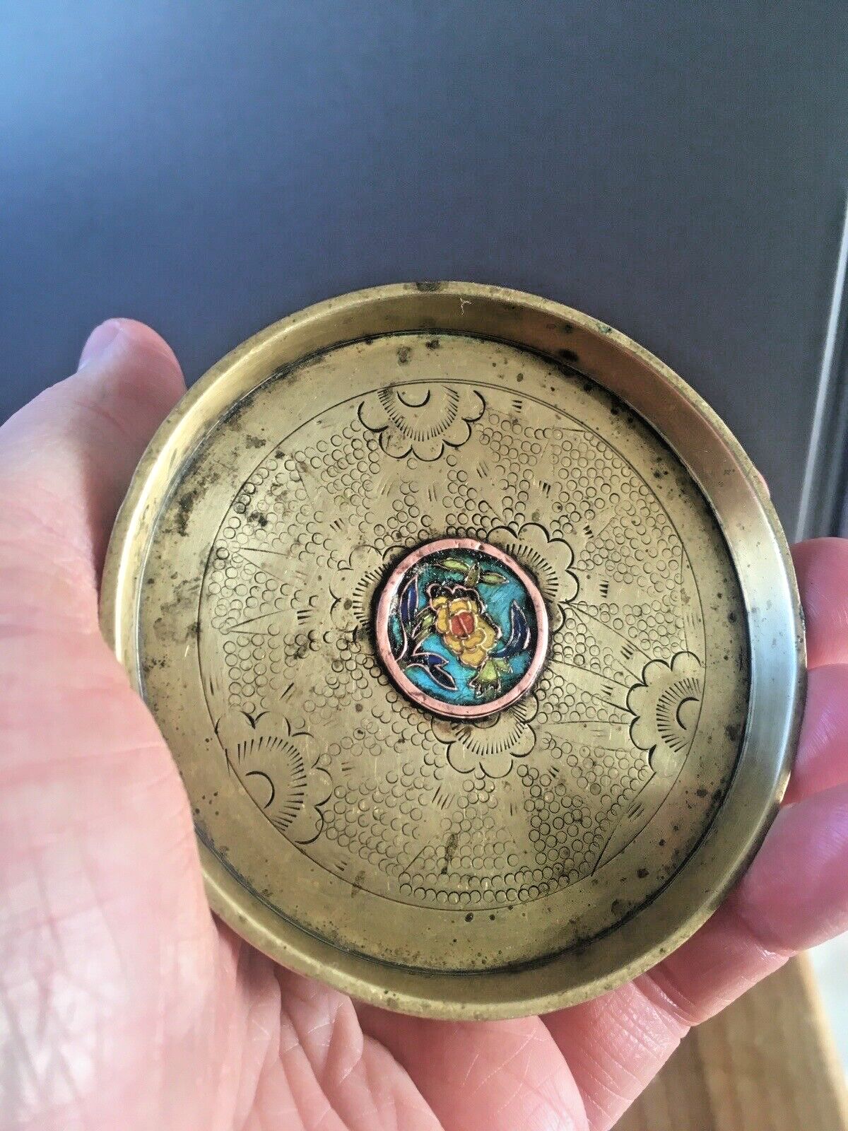 Unusual Antique Chinese Brass Floral Cloisonne Enamelled Centre Trinket Pin Dish photo Home Decor