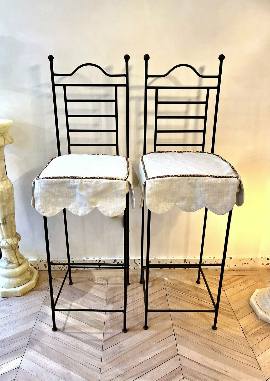 Pair Of Cast Iron Tall Stools With Scalloped Cushions photo furniture