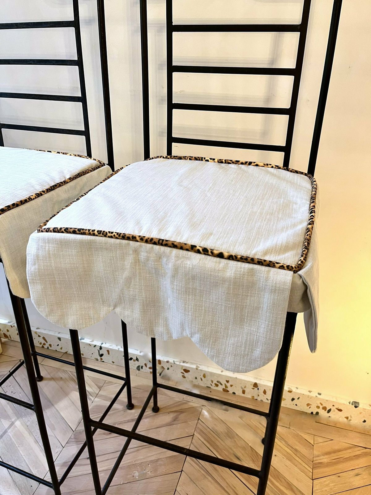 Pair Of Cast Iron Tall Stools With Scalloped Cushions photo Furniture
