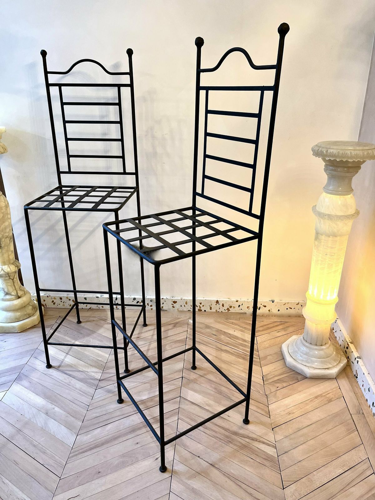 Furniture Pair Of Cast Iron Tall Stools With Scalloped Cushions photo