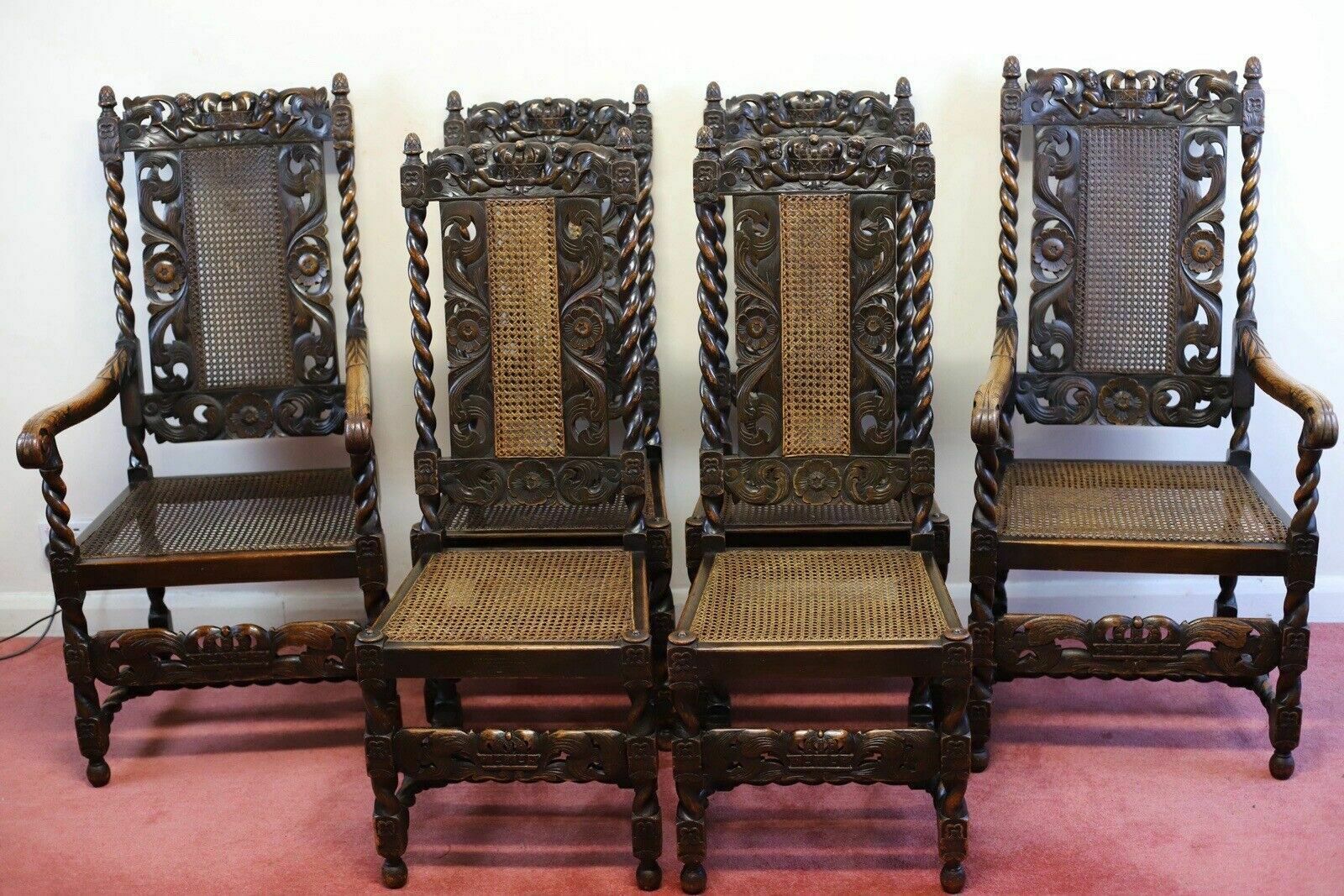 Lovely Set Of Six Victorian Carved Oak Carolean Style Dining Chairs photo Furniture