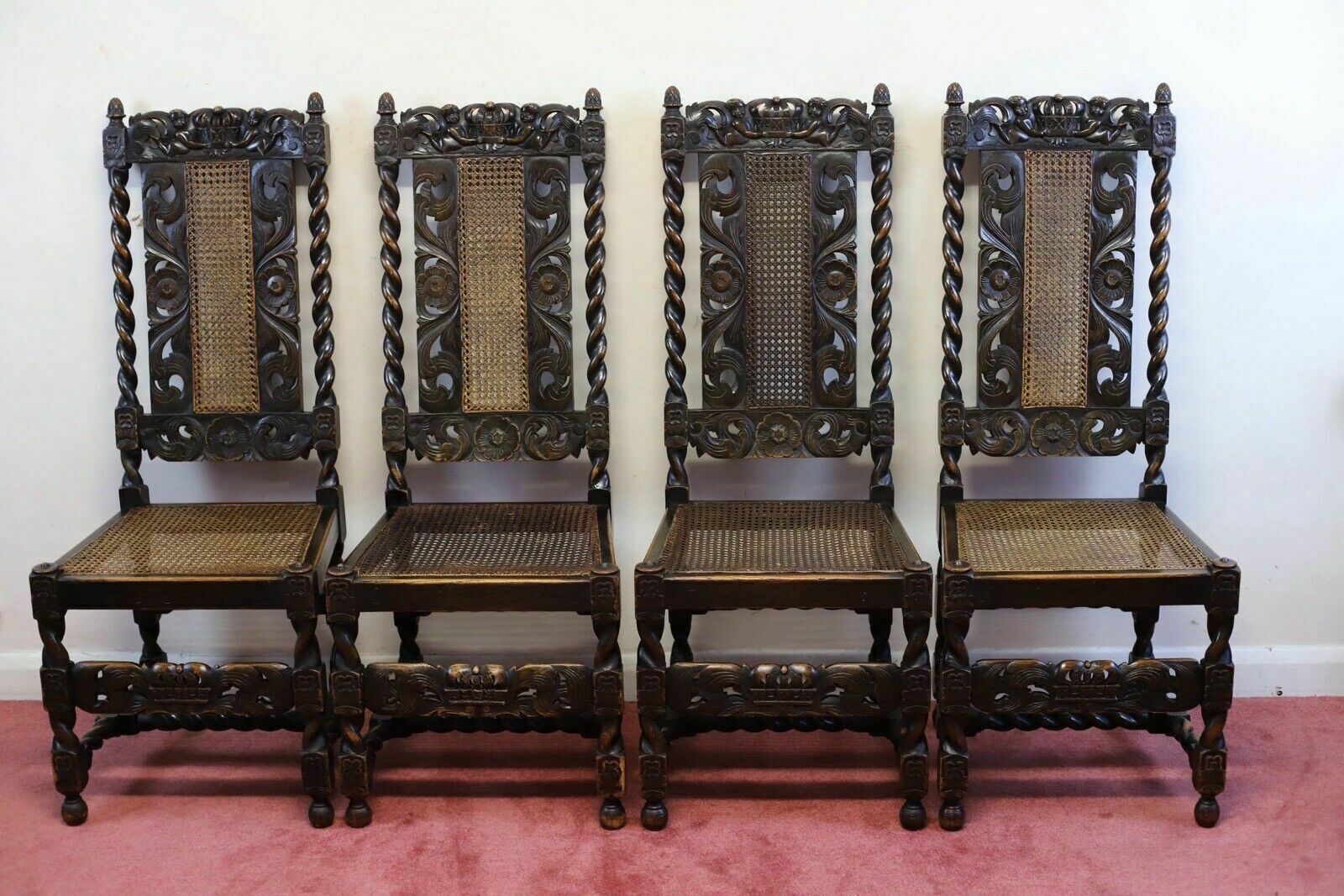 Lovely Set Of Six Victorian Carved Oak Carolean Style Dining Chairs photo 1250.0