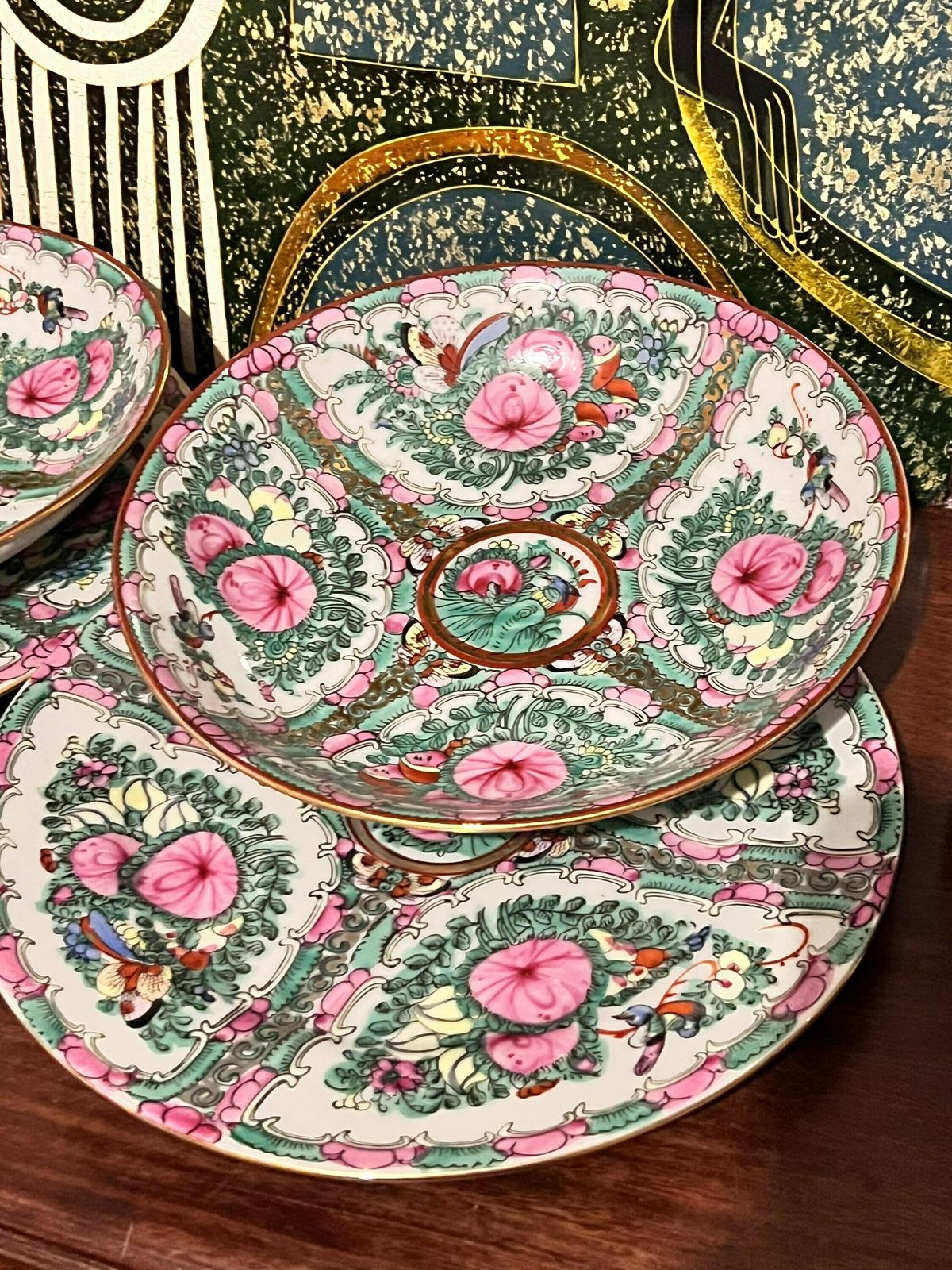Chinese Canton / Rose Medalion Bowls And Plates , 20th Century, Chinese Chinoiserie Famille Rose Porcelain photo for sale
