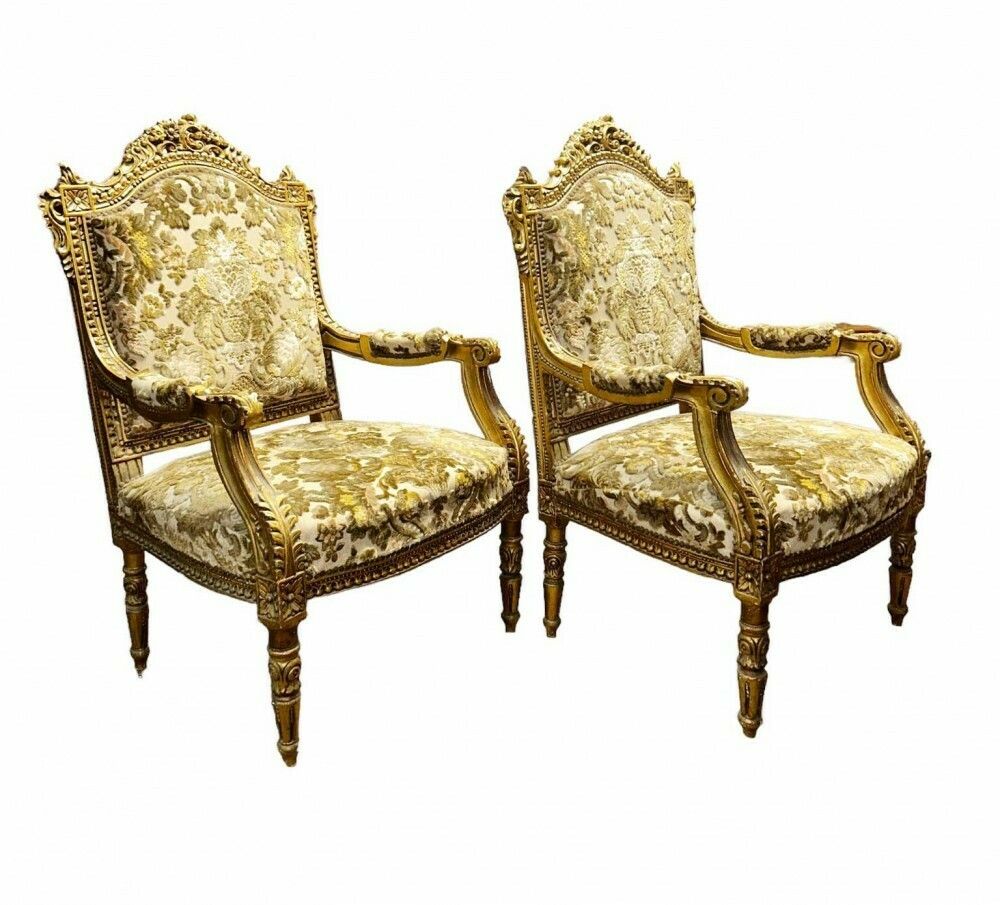 Pair French Gilt Armchairs Louis XVI Fauteuil photo for sale