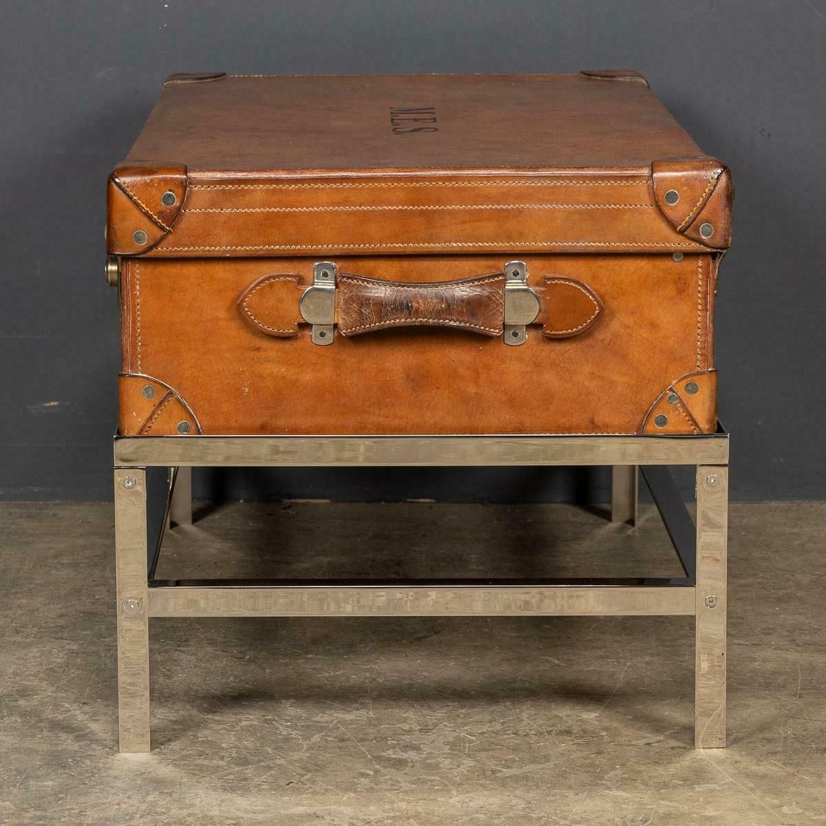20th Century English Leather Trunk On Metal Stand, C1910 photo for sale