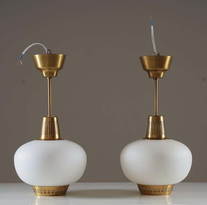 Swedish Pendants In Brass And Glass By Hans Bergström For Ateljé Lyktan photo for sale