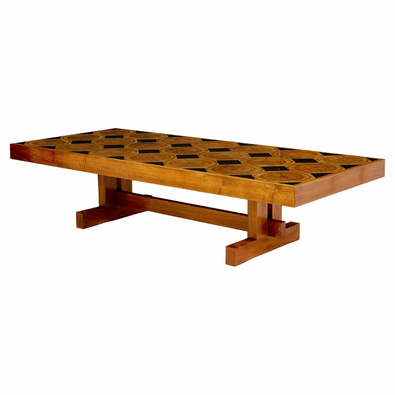 Grande table basse française en chêne massif, plateau en bois pétrifié et ardoise, 1960