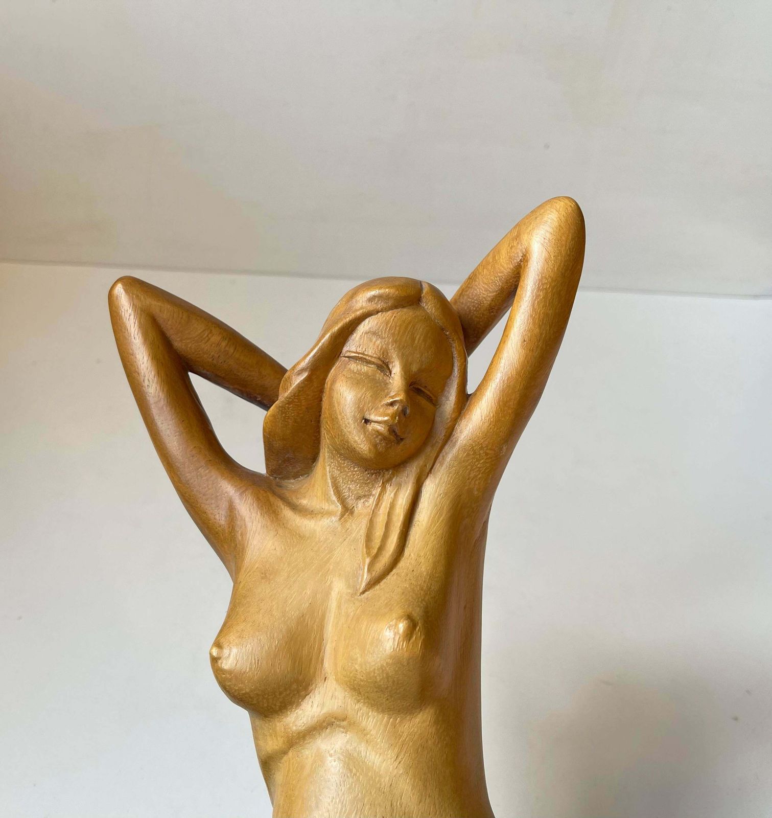 Art Deco Sculpture Of Nude Female In Hand Carved Wood, 1940s Scandinavia photo Art