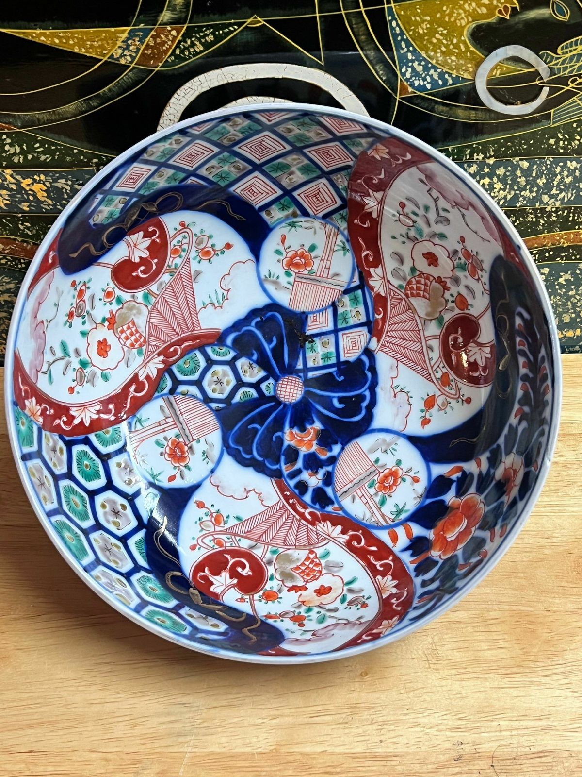 Antique Japanese Quality Imari Bowl Having Round Shaped Edge With Wonderful Hand Painted Flowers, Leaves And Flowers In Red, Blue, Green,