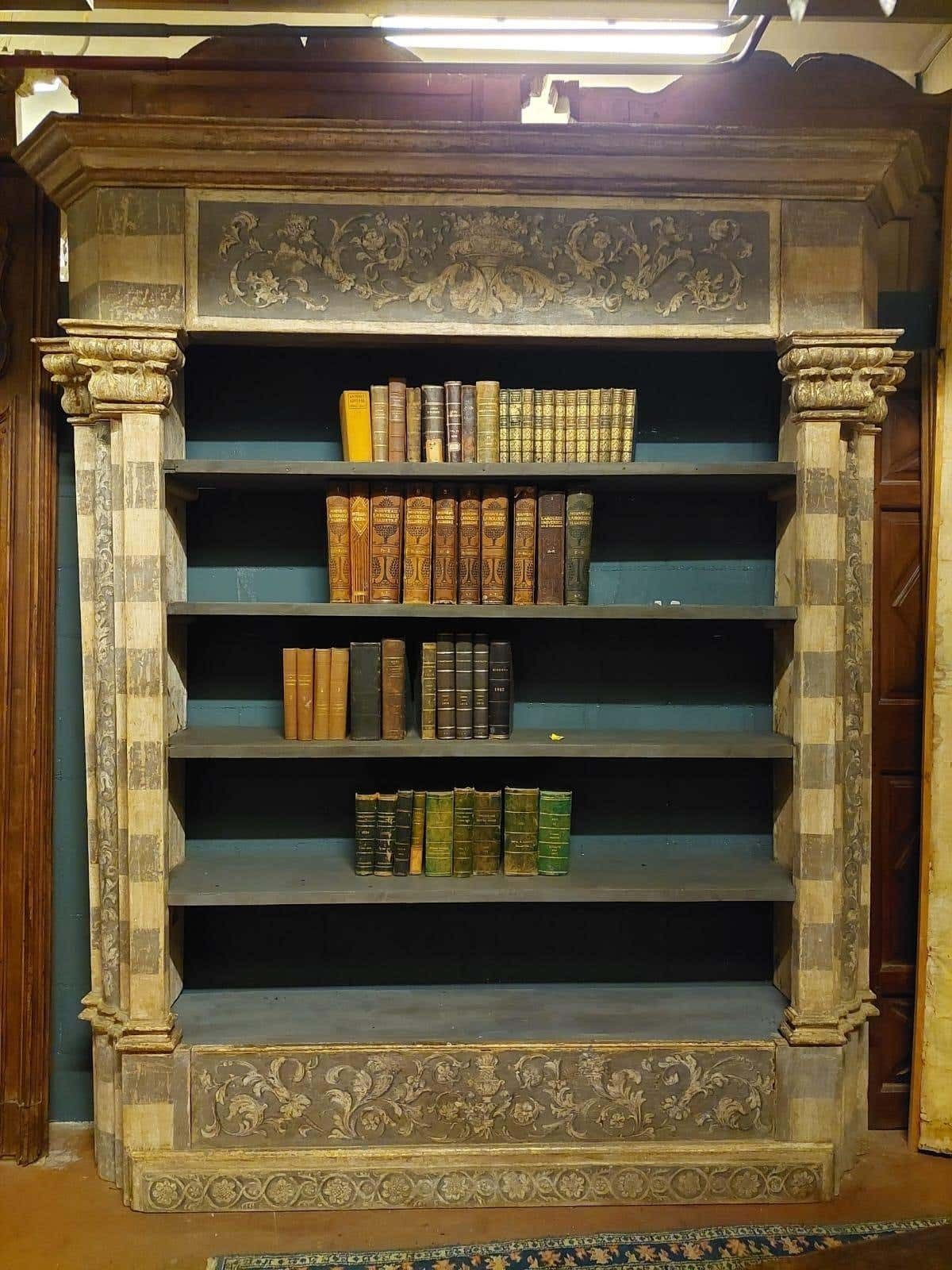 photo for sale Antique Library Bookcase, Built With Painted And Sculpted Portal, Florence Italy