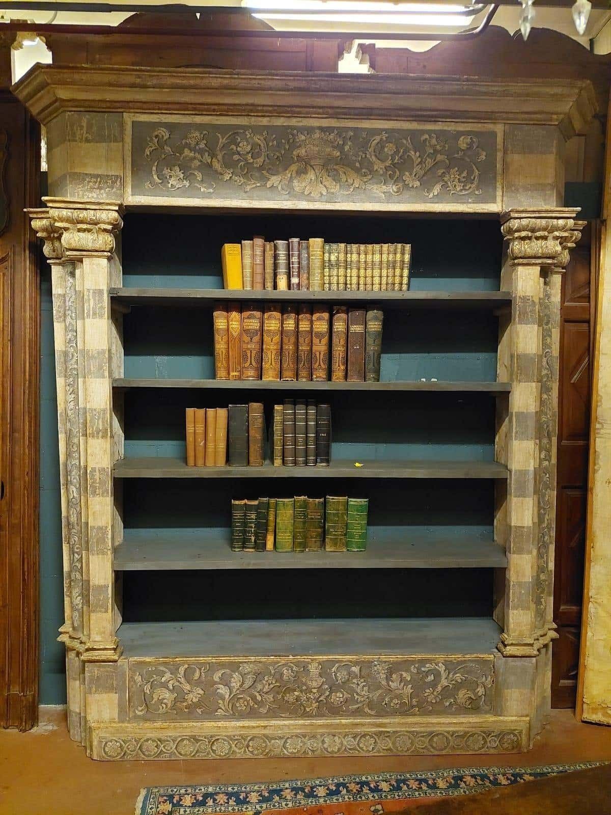 Furniture Antique Library Bookcase, Built With Painted And Sculpted Portal, Florence Italy photo