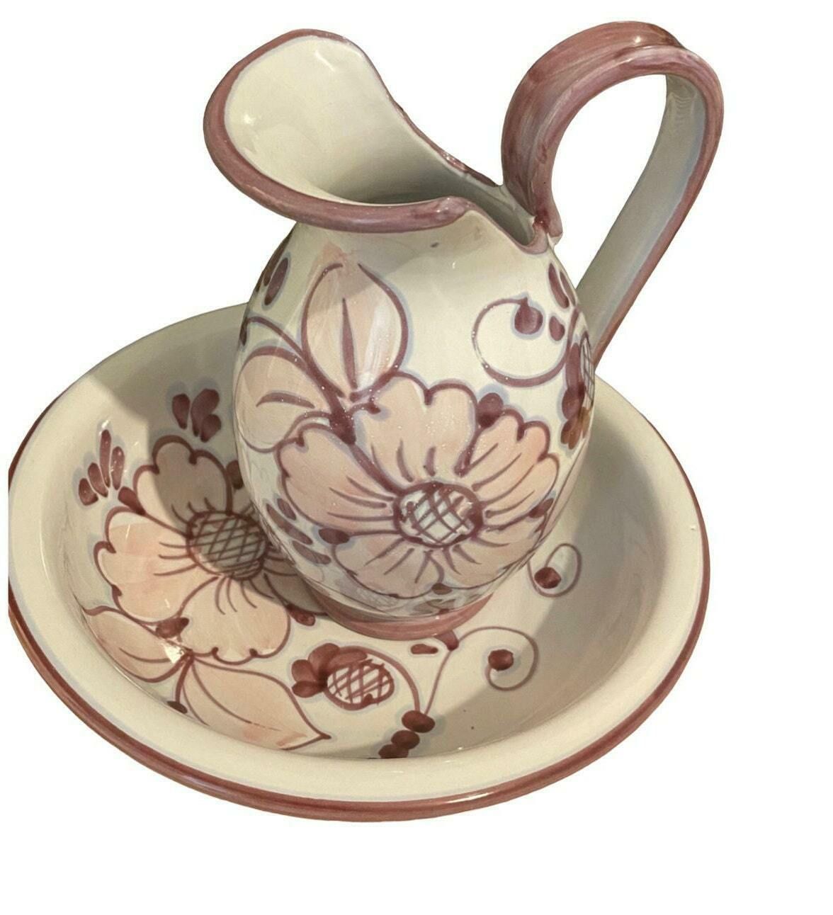 Italian Majolica Tin Glazed Pitcher And Bowl, Vintage Ewer & Basin Made In Italy, Italian Majolica Ceramic Chamber, Mid Century Modern Jug