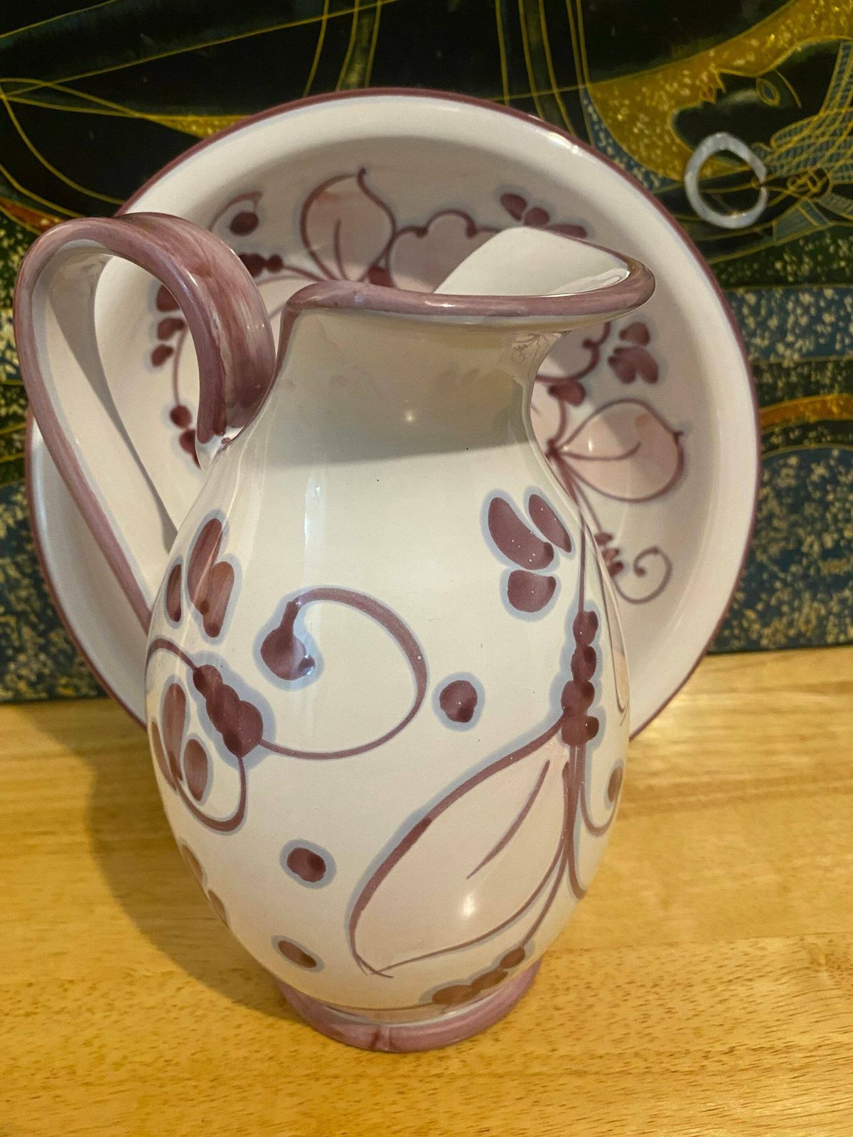 Italian Majolica Tin Glazed Pitcher And Bowl, Vintage Ewer & Basin Made In Italy, Italian Majolica Ceramic Chamber, Mid Century Modern Jug photo for sale