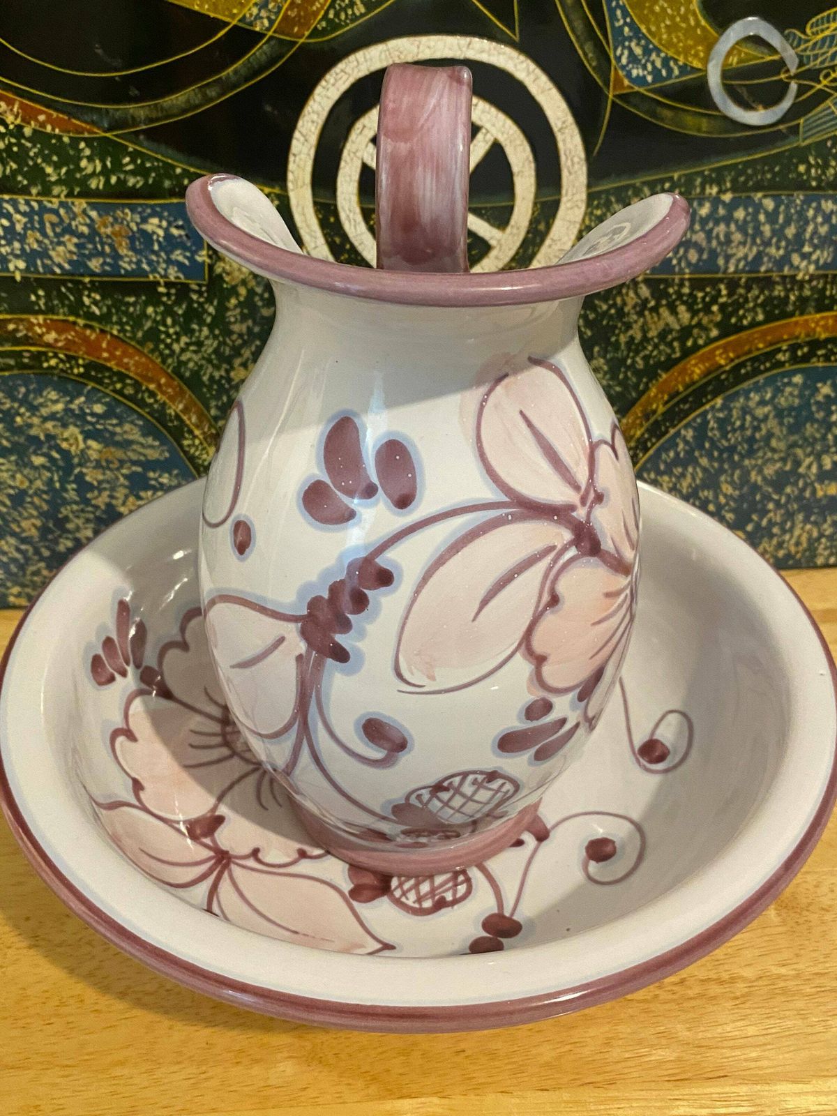 Italian Majolica Tin Glazed Pitcher And Bowl, Vintage Ewer & Basin Made In Italy, Italian Majolica Ceramic Chamber, Mid Century Modern Jug photo Home Decor