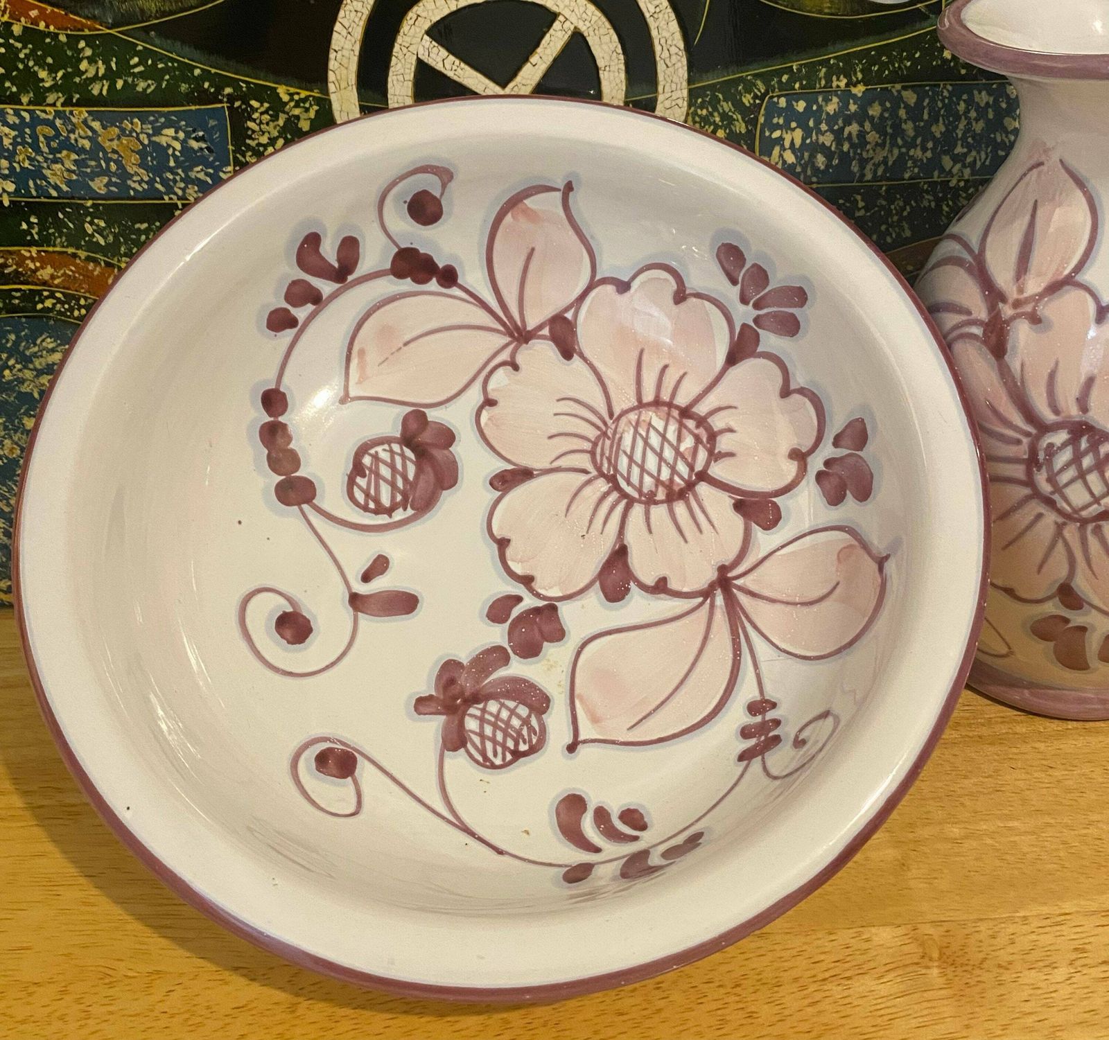 Italian Majolica Tin Glazed Pitcher And Bowl, Vintage Ewer & Basin Made In Italy, Italian Majolica Ceramic Chamber, Mid Century Modern Jug photo 65.0