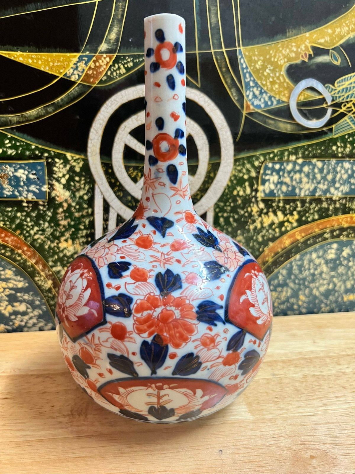 Antique Japanese Edo Porcelain Imari Bottle Vase 21cm Heights ” Blue, White, Red. Imari Handpainted Porcelain Bottle,Gift Idea